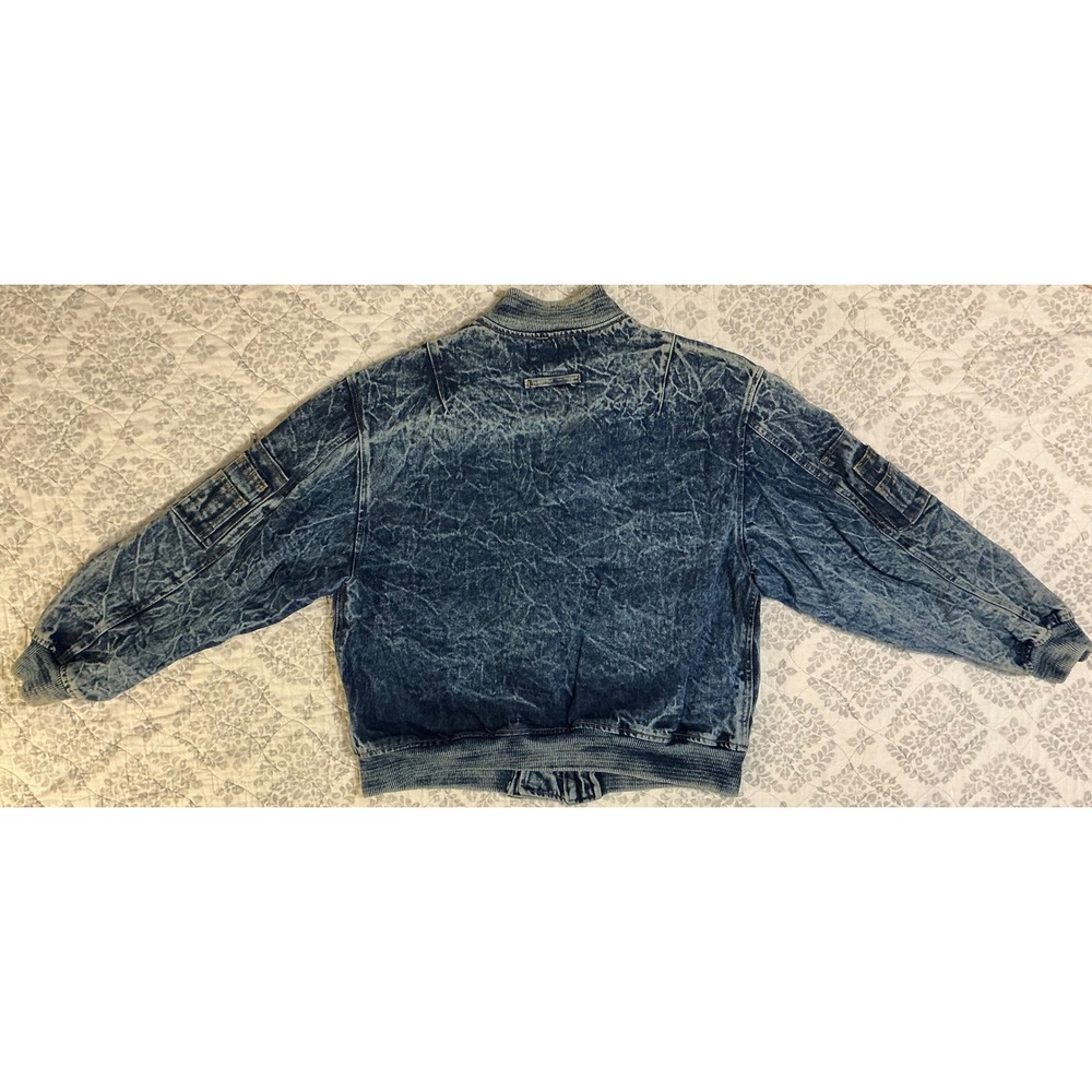 VTG Chemin de Fer Womens S Acid Wash Denim Bomber Jacket Zipper Pockets Ribbed - Picture 2 of 8